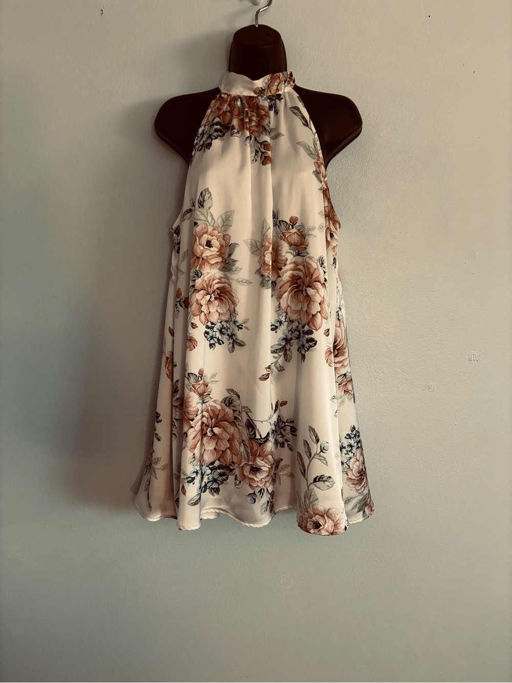 Lulu's Cream Floral Halter Top with Blue and Brown Accents